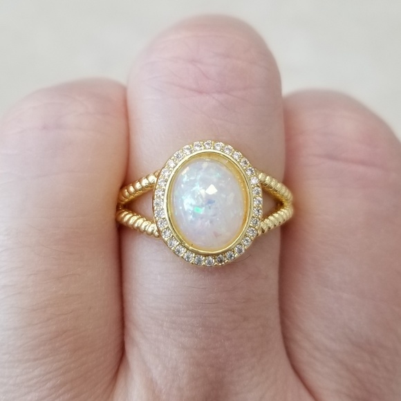 Simulated Opal & Yellow Gold Ring - Picture 8 of 8
